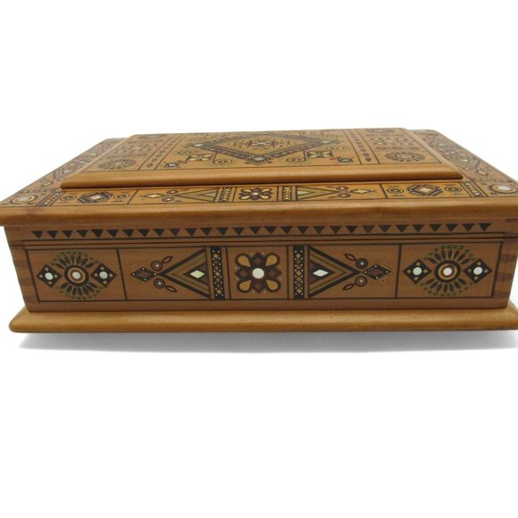 Rare Ukrainian Wooden Inlaid Carved Jewelry Box with Geometric VINTAGE 12 Inches - Picture 4 of 12